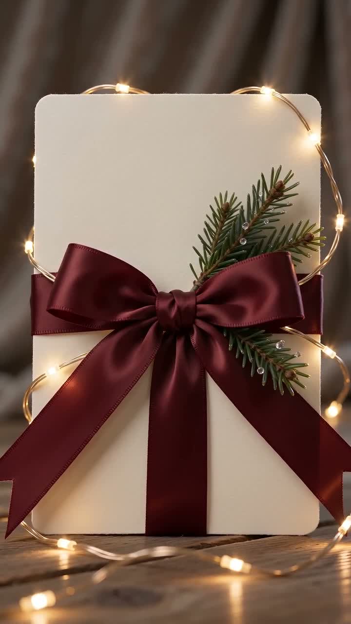 An ivory Christmas card wrapped in burgundy ribbon beside evergreen branches and warm lights