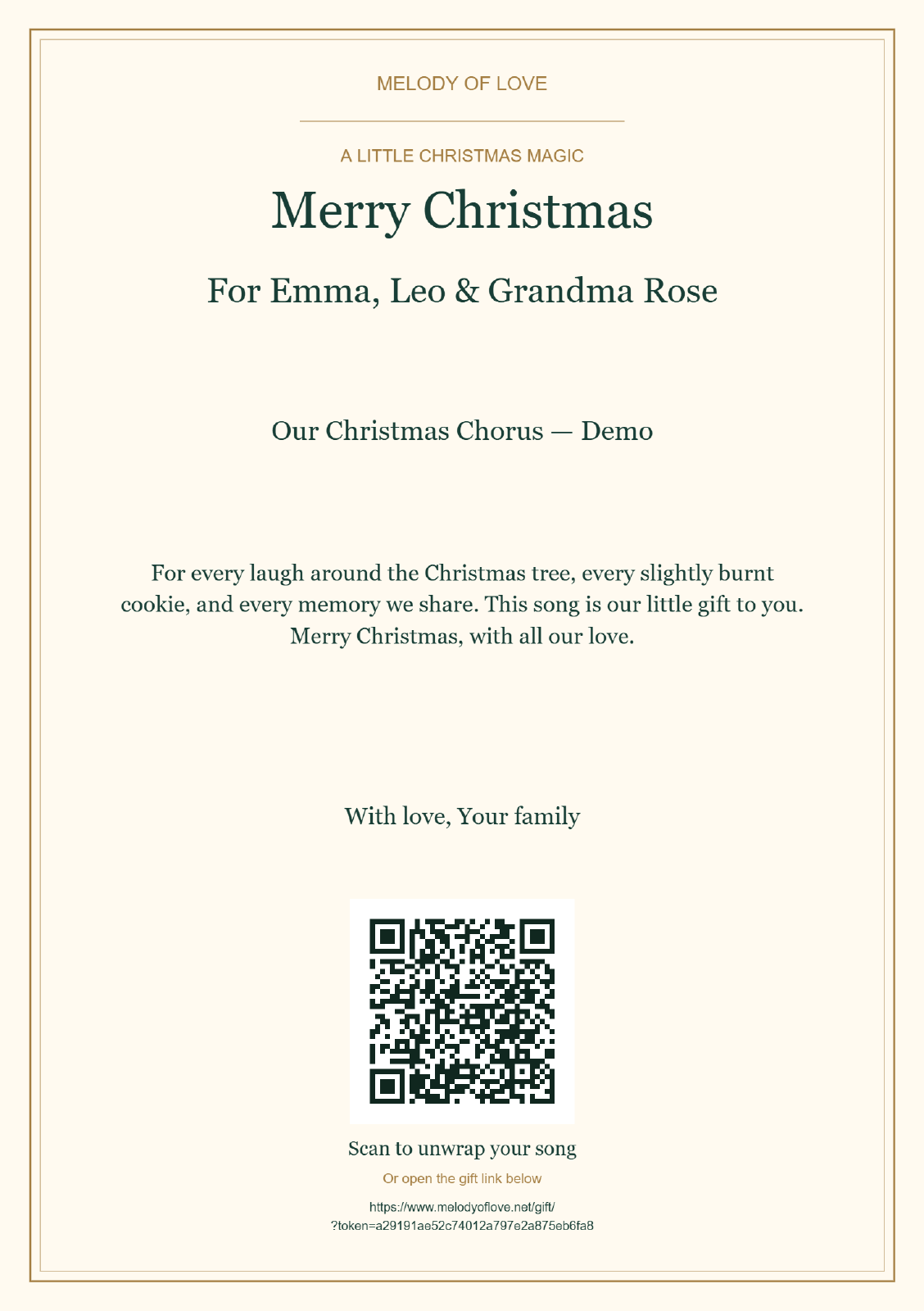 Example printable Christmas song gift card for Emma, Leo and Grandma Rose, with a personal message and listening QR code